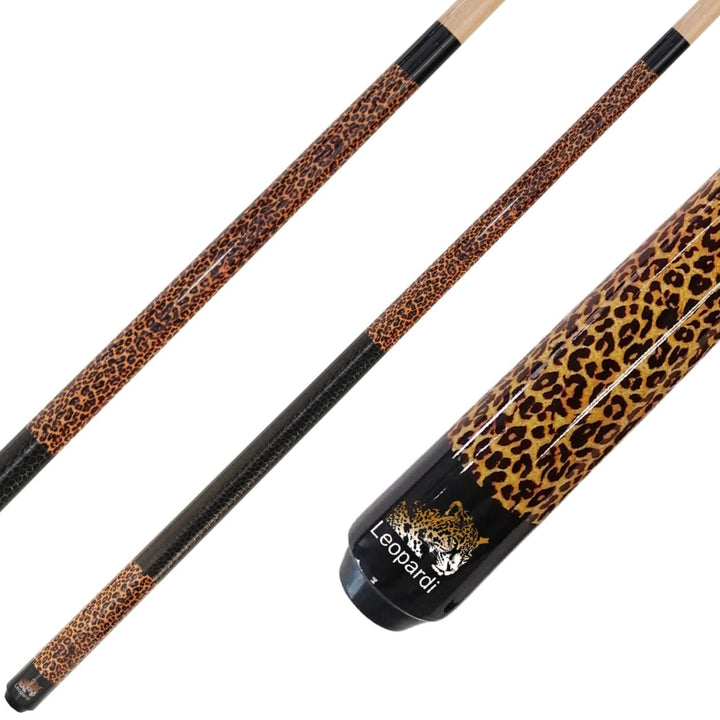 Winsport Leopardi Billardqueue – mehrere Ansichten des Leoparden-Designs und des Queueendes