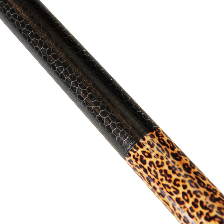Winsport Leopardi Billardqueue – schwarzer Griffbereich mit strukturierter Oberfläche und Leopardenmuster