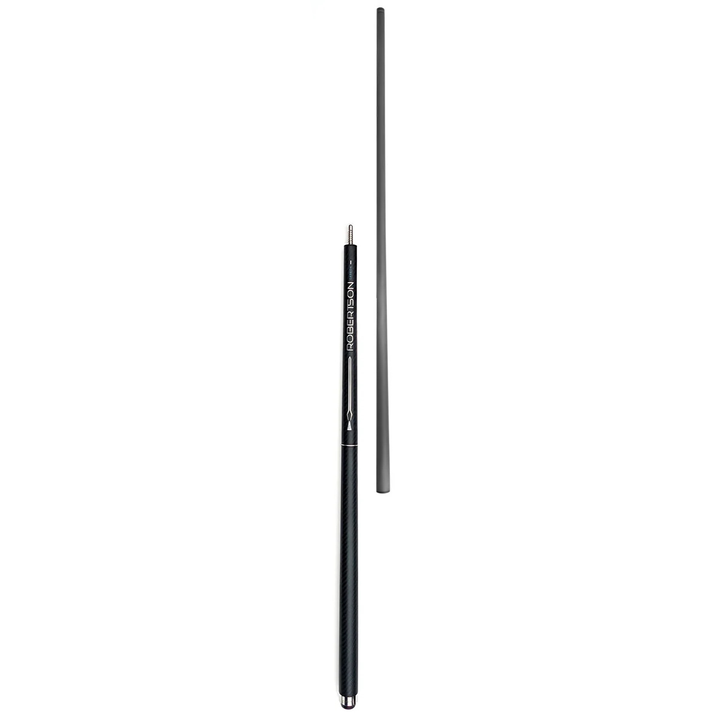Robertson Carbon Black Diamond Billardqueue – zweiteiliger schwarzer Poolqueue mit Carbon-Oberteil, Carbon-Design und silbernen Details auf weißem Hintergrund