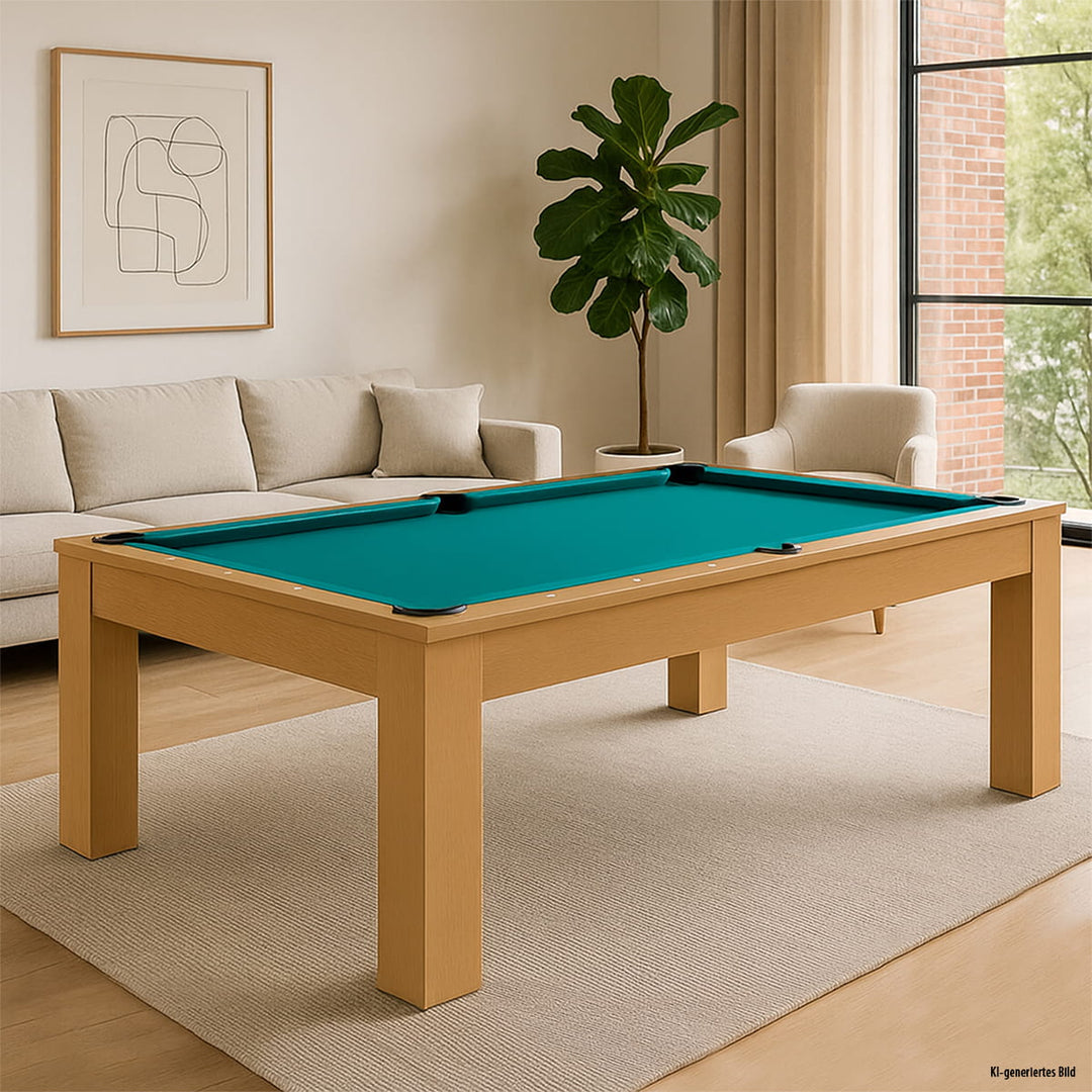 Pool-Billard Tisch Trento Eiche Natur mit 19mm Schieferplatte und Perlmutt-Anspielpunkten.