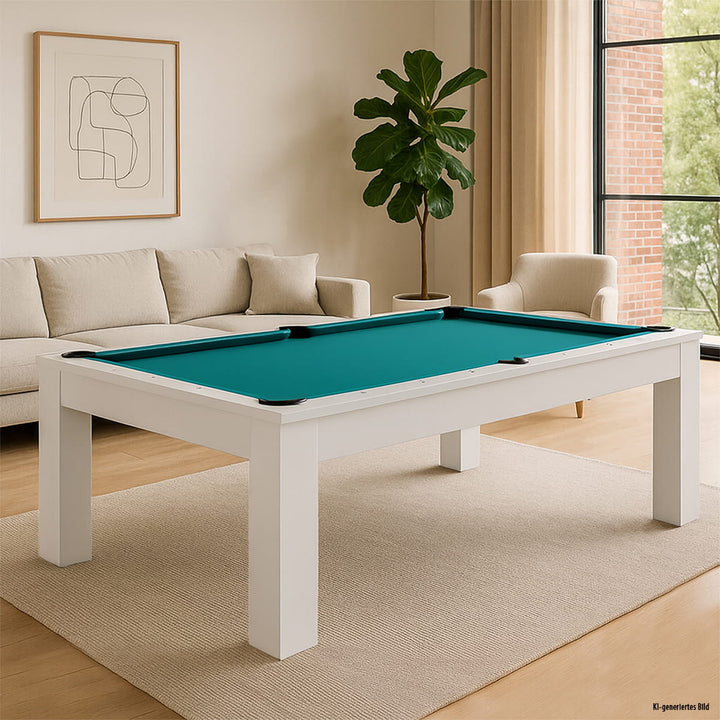 Weißer Pool-Billard Tisch Trento mit einteiliger Schieferplatte und justierbaren Massivholz-Stellfüßen.