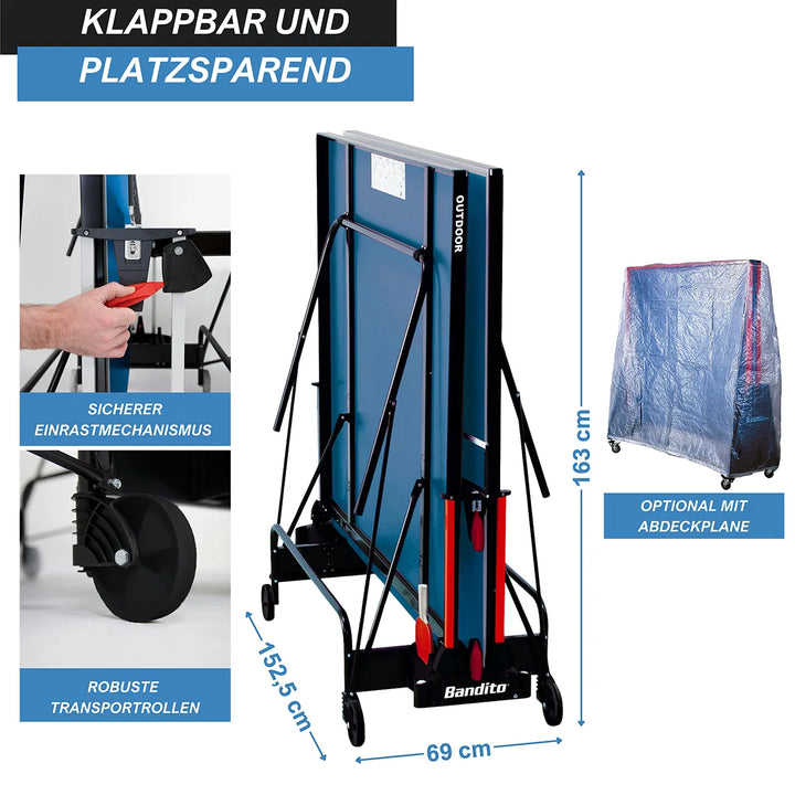 Tischtennisplatte Bandito Outdoor zusammengeklappt mit Transportrollen und Einrastmechanismus