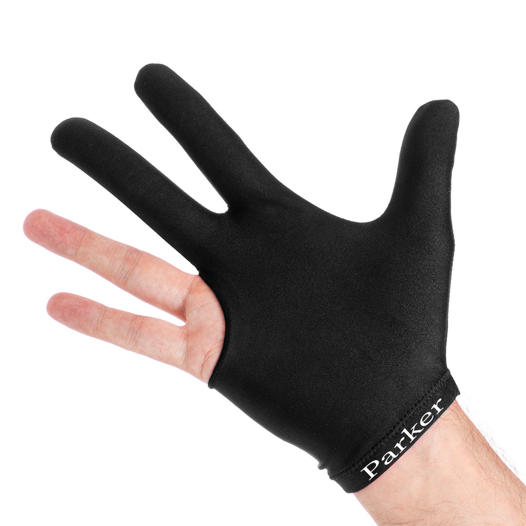 J. Parker 3-Finger Billardhandschuh Schwarz getragen – Oberseite