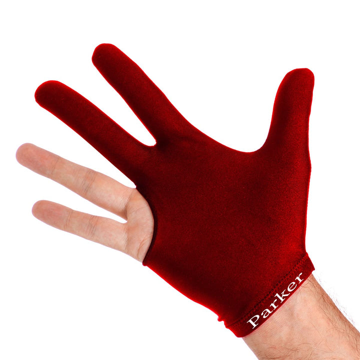 J. Parker 3-Finger Billardhandschuh Dunkelrot getragen – Oberseite