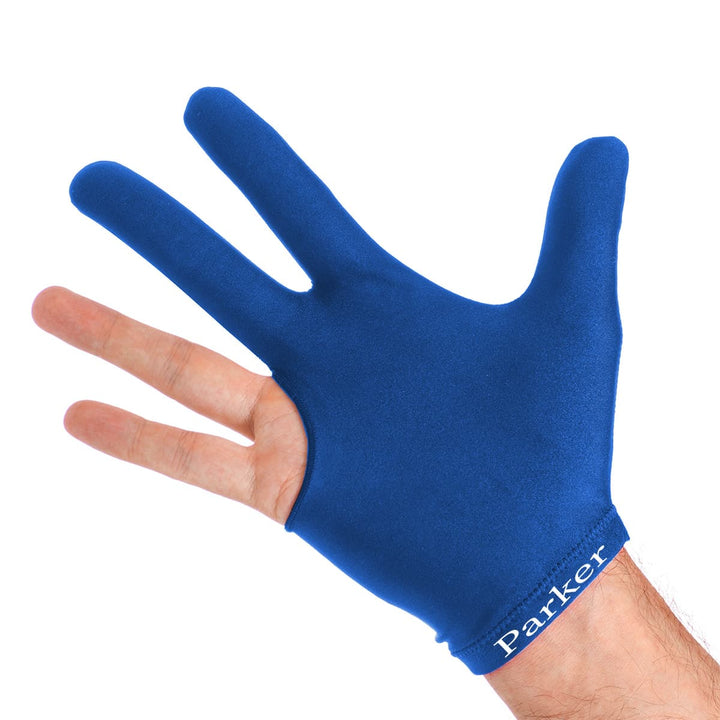 J. Parker 3-Finger Billardhandschuh Blau getragen – Oberseite