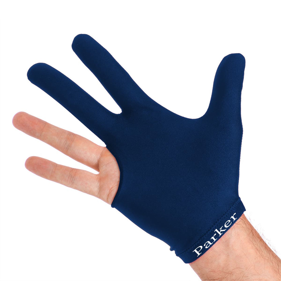 J. Parker 3-Finger Billardhandschuh Dunkelblau getragen – Oberseite