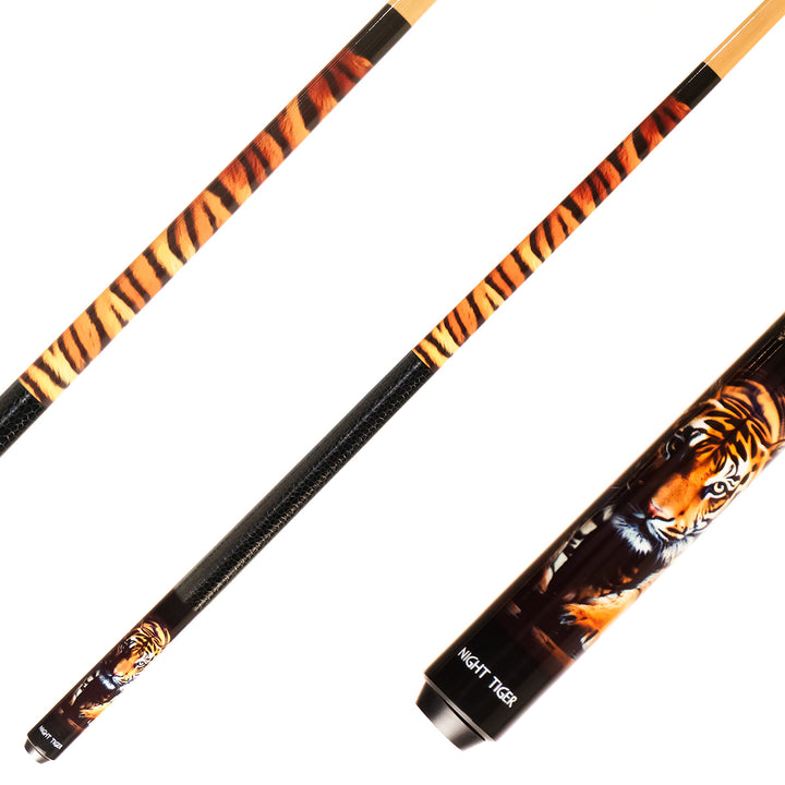 Winsport Night Tiger Poolqueue – mehrere Ansichten des Tigerstreifen-Designs und des Queueendes