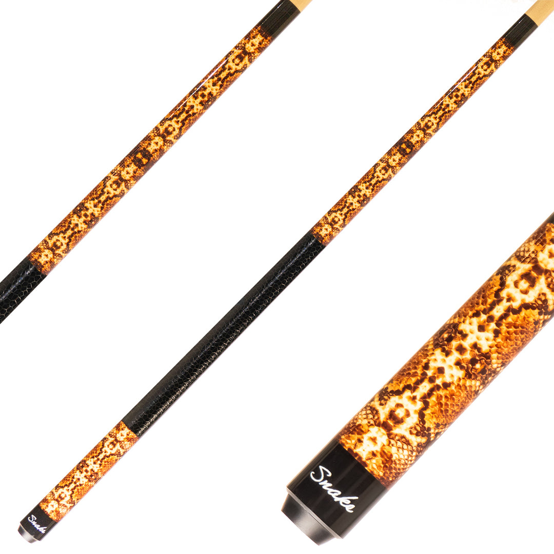 Winsport Snake Billardqueue – mehrere Ansichten mit orange-braunem Schlangenhaut-Muster